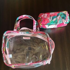 Vera Bradley Pink and Green Floral Clear Travel Set w/ Make Up Pouch